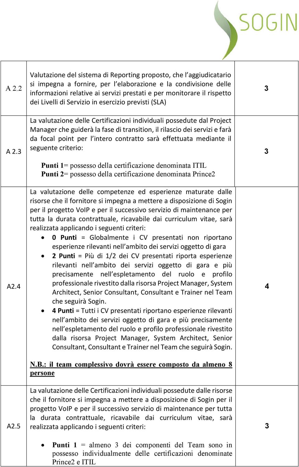 rispetto dei Livelli di Servizio in esercizio previsti (SLA) La valutazione delle Certificazioni individuali possedute dal Project Manager che guiderà la fase di transition, il rilascio dei servizi e