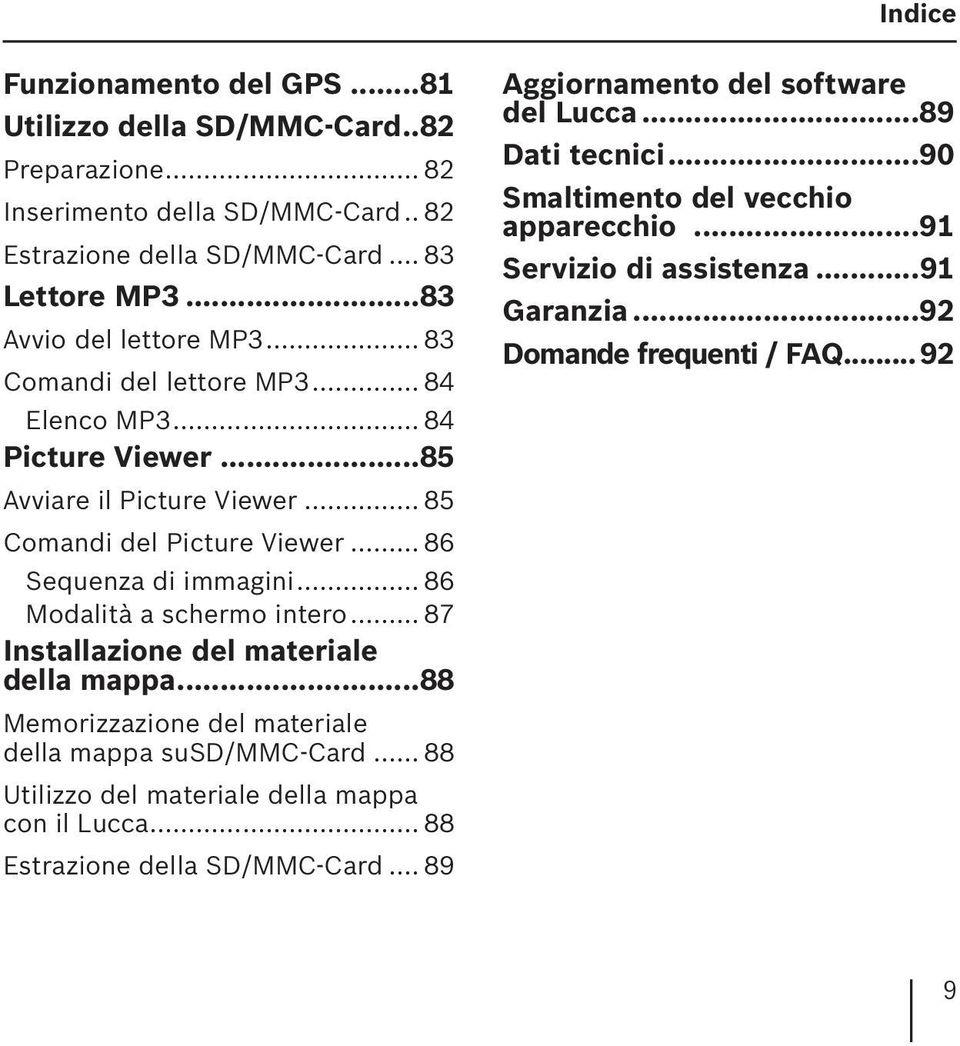 .. 86 Modalità a schermo intero... 87 Installazione del materiale della mappa...88 Memorizzazione del materiale della mappa susd/mmc-card... 88 Utilizzo del materiale della mappa con il Lucca.