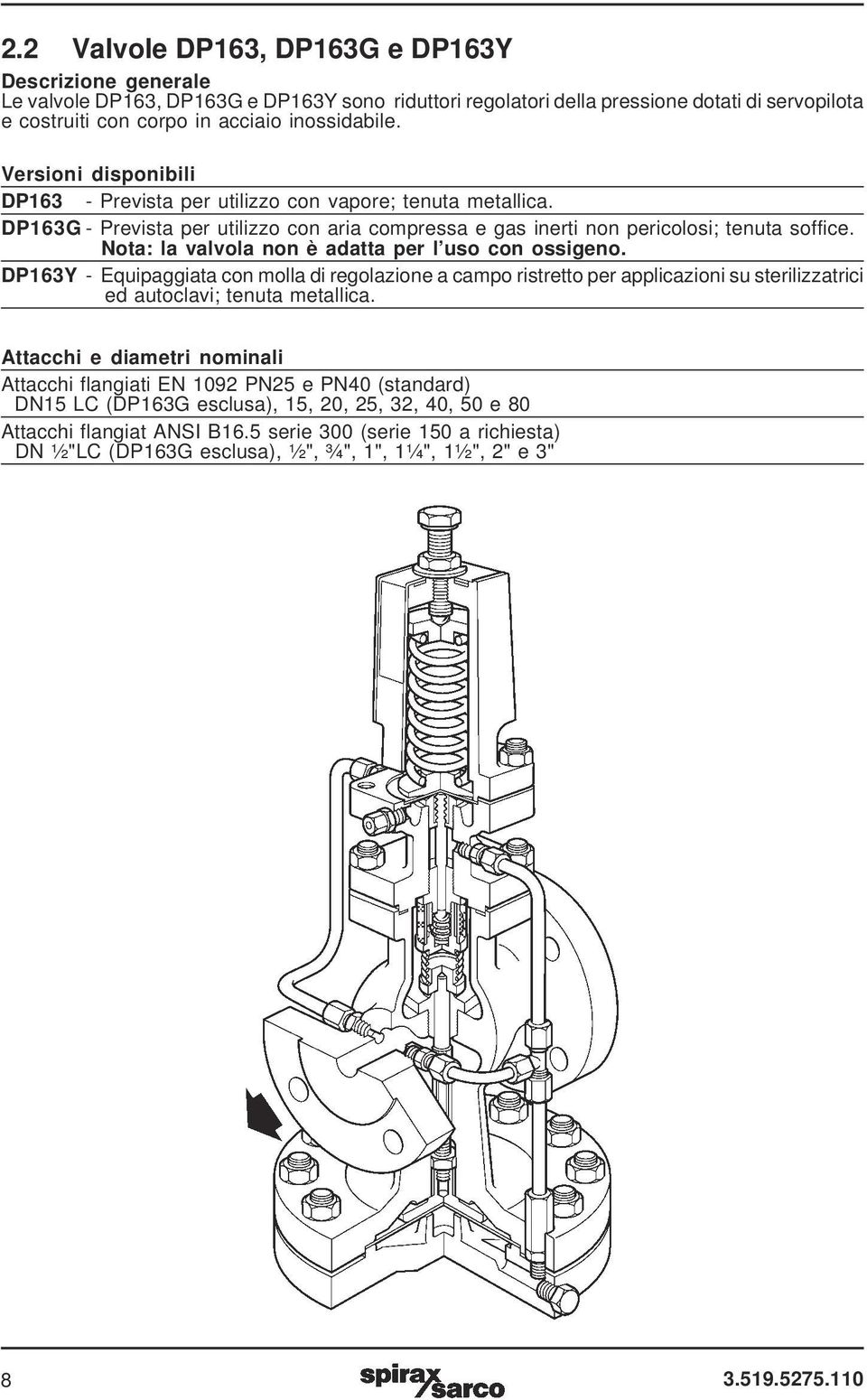 Nota: la valvola non è adatta per l uso con ossigeno. DP163Y - Equipaggiata con molla di regolazione a campo ristretto per applicazioni su sterilizzatrici ed autoclavi; tenuta metallica.