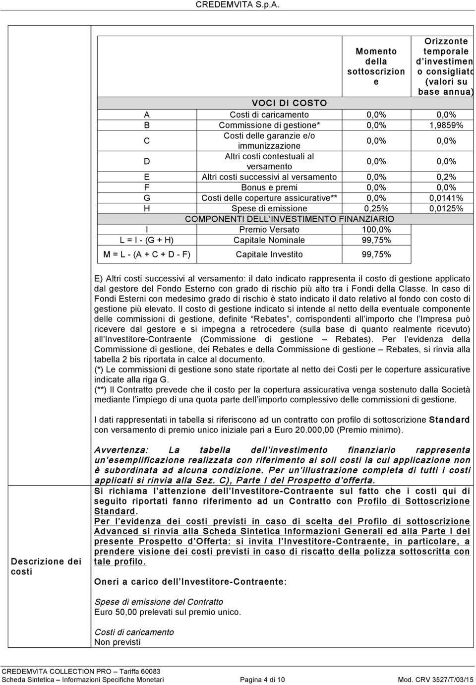 emissione,25%,125% COMPONENTI DELL INVESTIMENTO FINANZIARIO I Premio Versato 1,% L = I - (G + H) Capitale Nominale 99,75% M = L - (A + C + D - F) Capitale Investito 99,75% E) Altri costi successivi