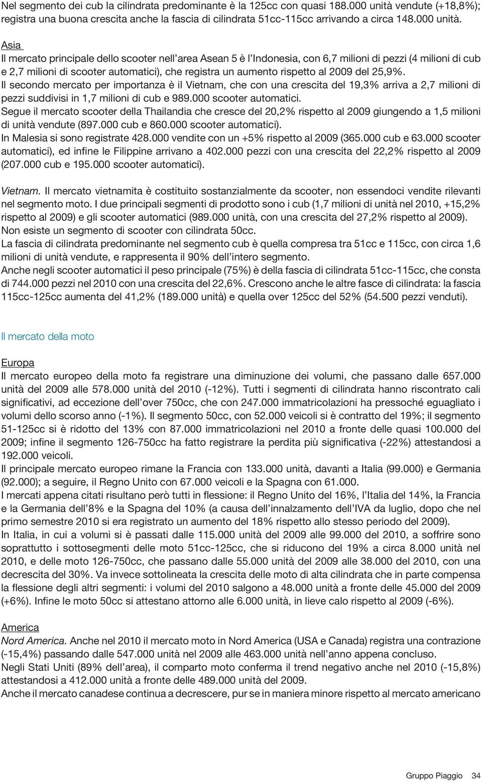 Asia Il mercato principale dello scooter nell area Asean 5 è l Indonesia, con 6,7 milioni di pezzi (4 milioni di cub e 2,7 milioni di scooter automatici), che registra un aumento rispetto al 2009 del
