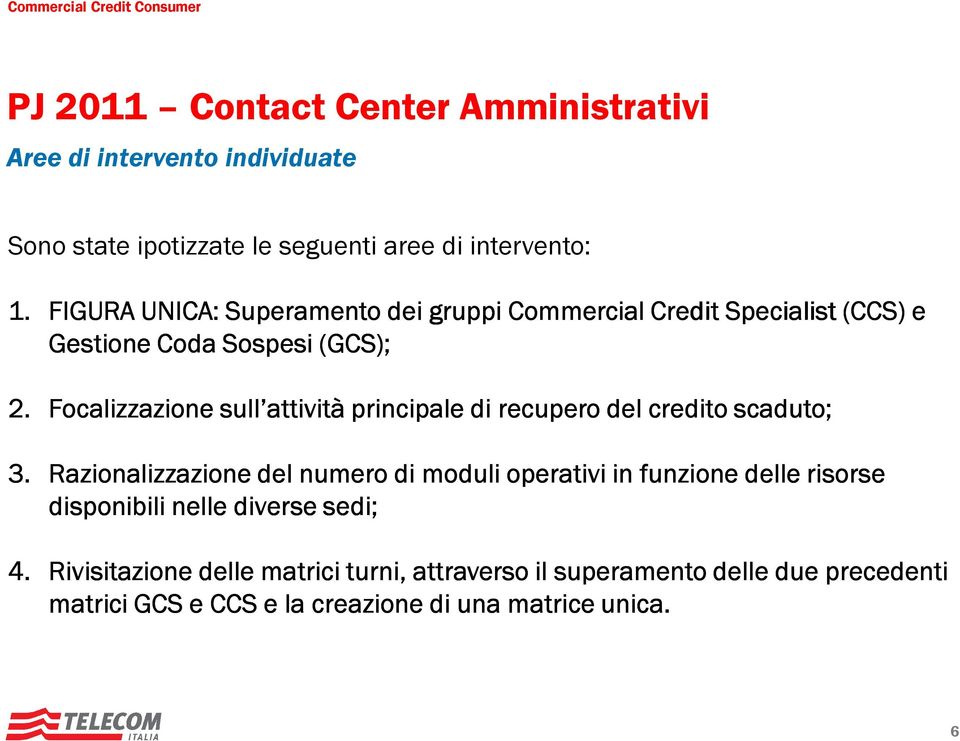 Focalizzazione sull attività principale di recupero del credito scaduto; 3.