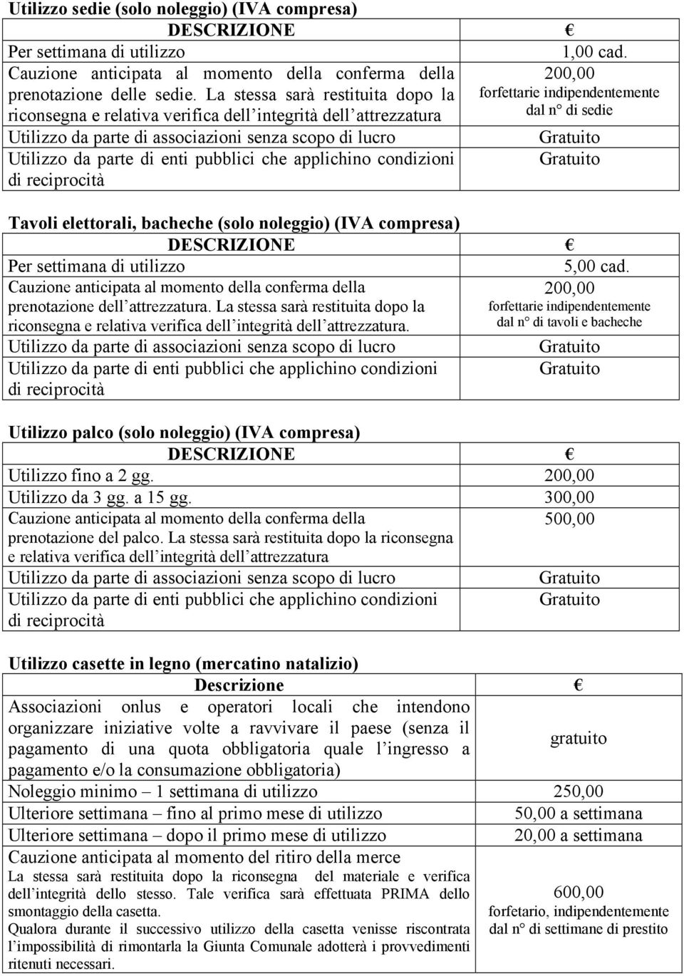 applichino condizioni di reciprocità 200,00 forfettarie indipendentemente dal n di sedie Tavoli elettorali, bacheche (solo noleggio) (IVA compresa) Per settimana di utilizzo 5,00 cad.