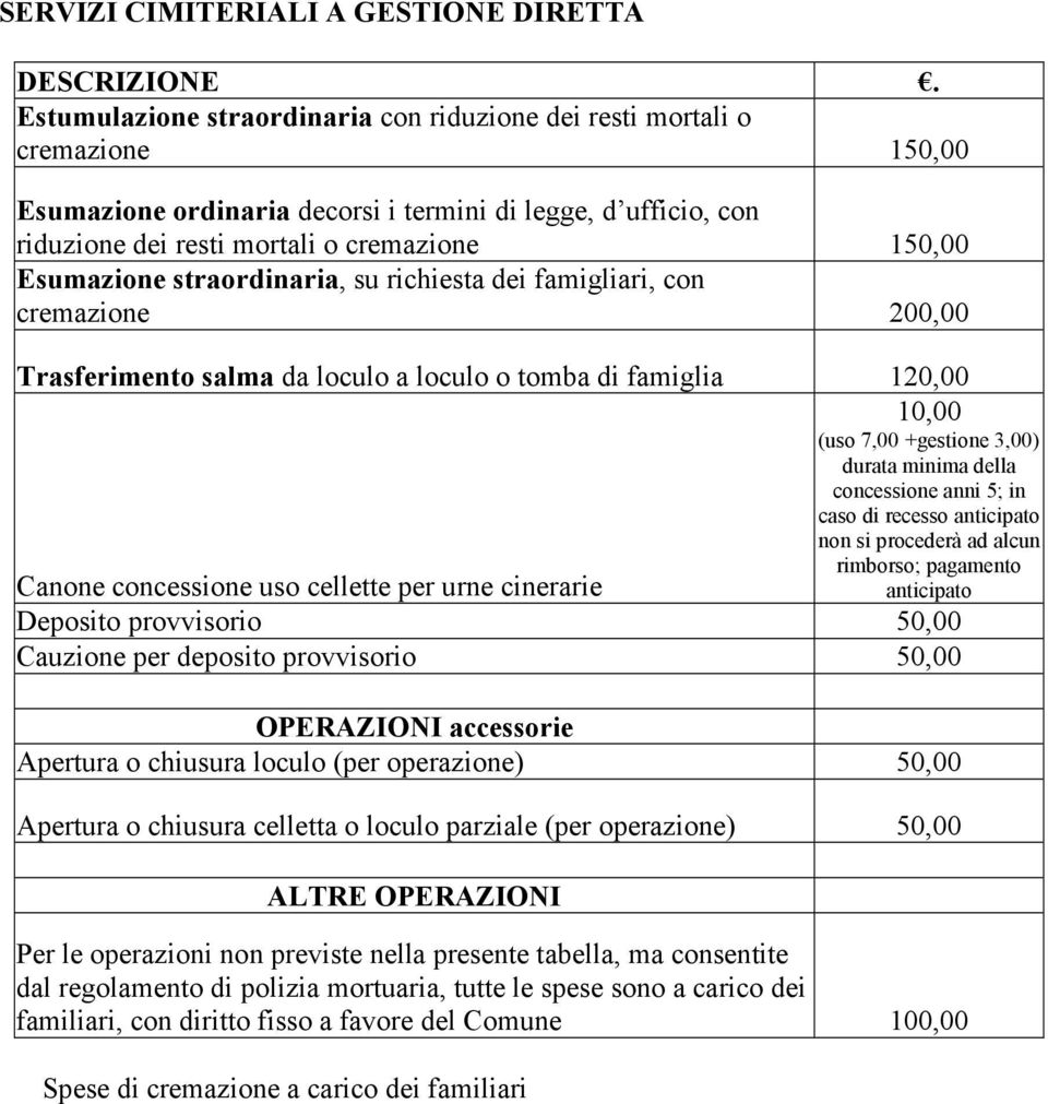 Esumazione straordinaria, su richiesta dei famigliari, con cremazione 200,00 Trasferimento salma da loculo a loculo o tomba di famiglia 120,00 10,00 (uso 7,00 +gestione 3,00) durata minima della