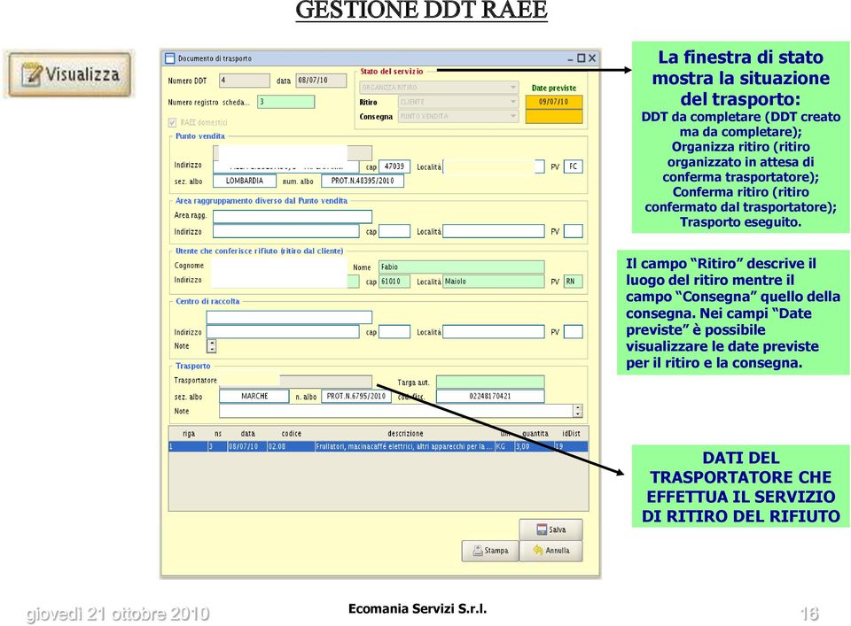 eseguito. Il campo Ritiro descrive il luogo del ritiro mentre il campo Consegna quello della consegna.