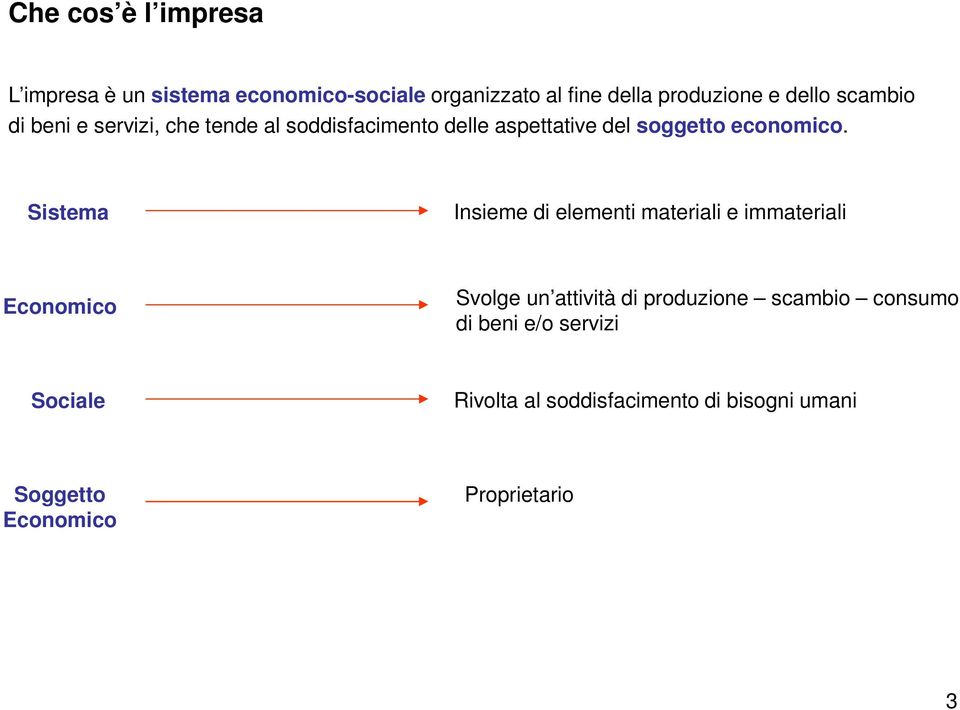 Sistema Insieme di elementi materiali e immateriali Economico Svolge un attività di produzione scambio