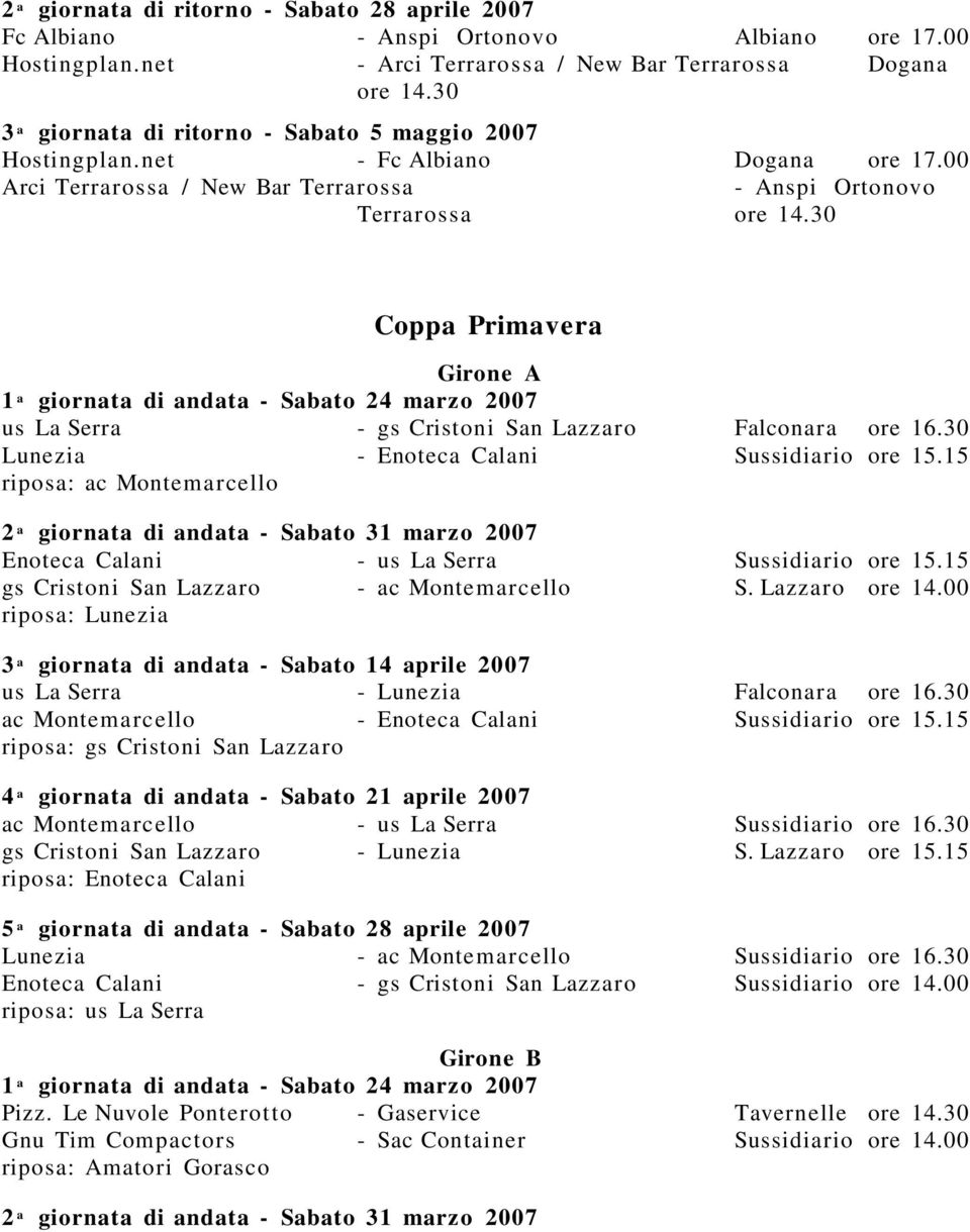 30 Coppa Primavera Girone A 1 a giornata di andata - Sabato 24 marzo 2007 us La Serra - gs Cristoni San Lazzaro Falconara ore 16.30 Lunezia - Enoteca Calani Sussidiario ore 15.