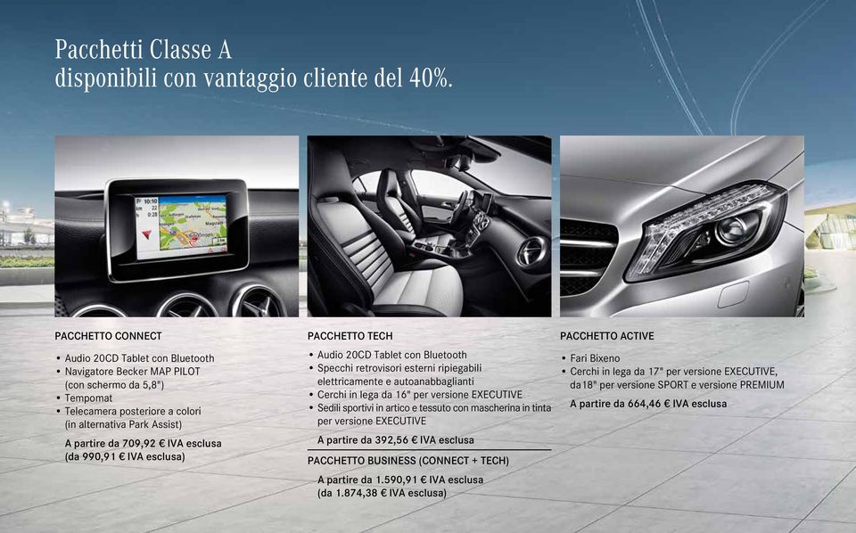 esclusa (da 990,91 IVA esclusa) Pacchetto TECH Audio 20CD Tablet con Bluetooth Specchi retrovisori esterni ripiegabili elettricamente e autoanabbaglianti Cerchi in lega da 16" per versione Executive