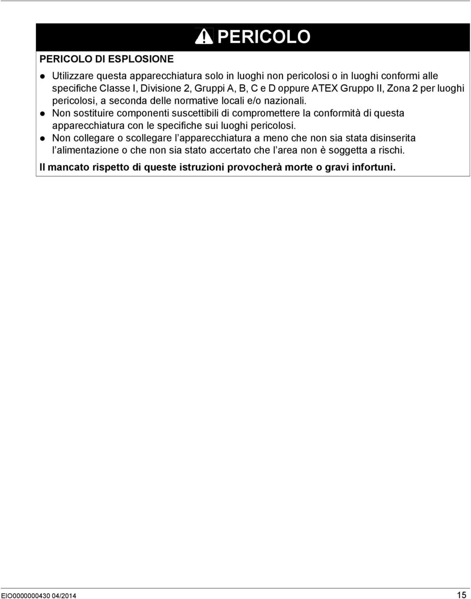 Non sostituire componenti suscettibili di compromettere la conformità di questa apparecchiatura con le specifiche sui luoghi pericolosi.