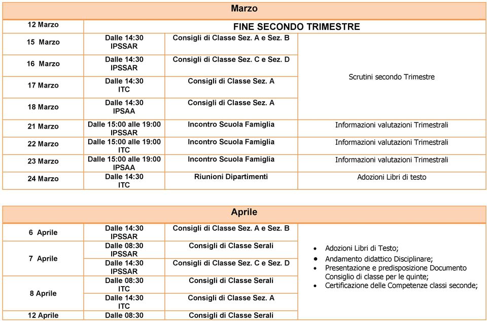 D Incontro Scuola Famiglia Incontro Scuola Famiglia Incontro Scuola Famiglia Riunioni Dipartimenti Scrutini secondo Trimestre Informazioni valutazioni Trimestrali Informazioni valutazioni Trimestrali