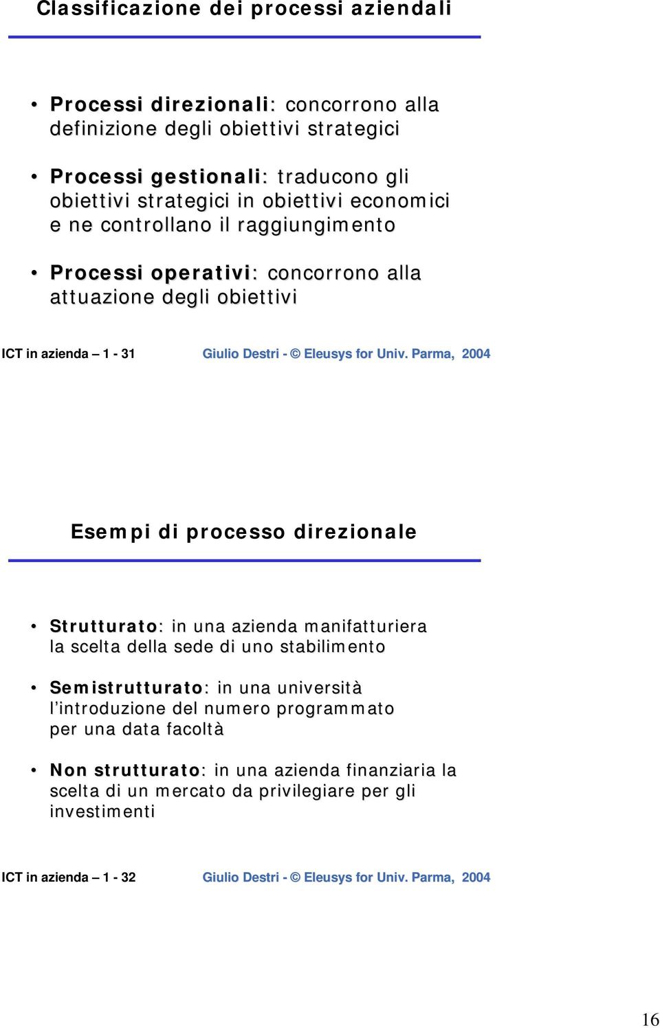 processo direzionale Strutturato: : in una azienda manifatturiera la scelta della sede di uno stabilimento Semistrutturato: : in una università l introduzione del