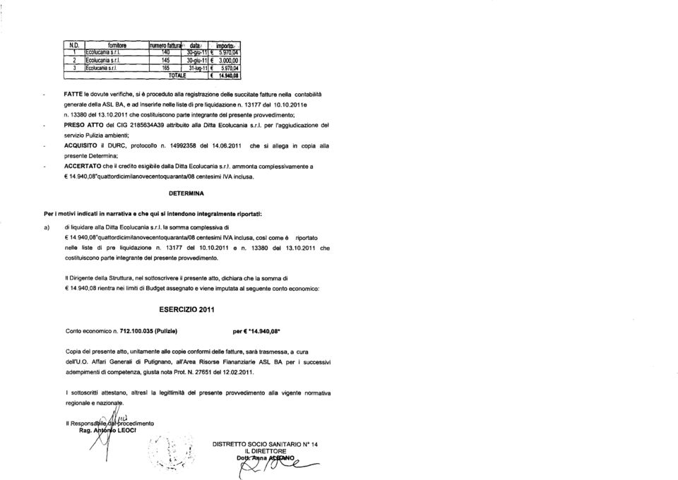 10.2011 e n. 13380 del 13.10.2011 che costituiscono parte integrante del presente provvedimento; PRESO ATTO del CIG 2185634A39 attribuito alla Ditta Ecolucania s.r.l. per l'aggiudicazione del servizio Pulizia ambienti; ACQUISITO il DURC, protocollo n.