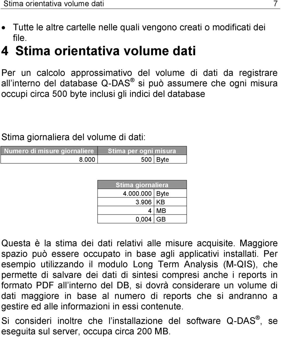 del database Stima giornaliera del volume di dati: Numero di misure giornaliere Stima per ogni misura 8.000 500 Byte Stima giornaliera 4.000.000 Byte 3.