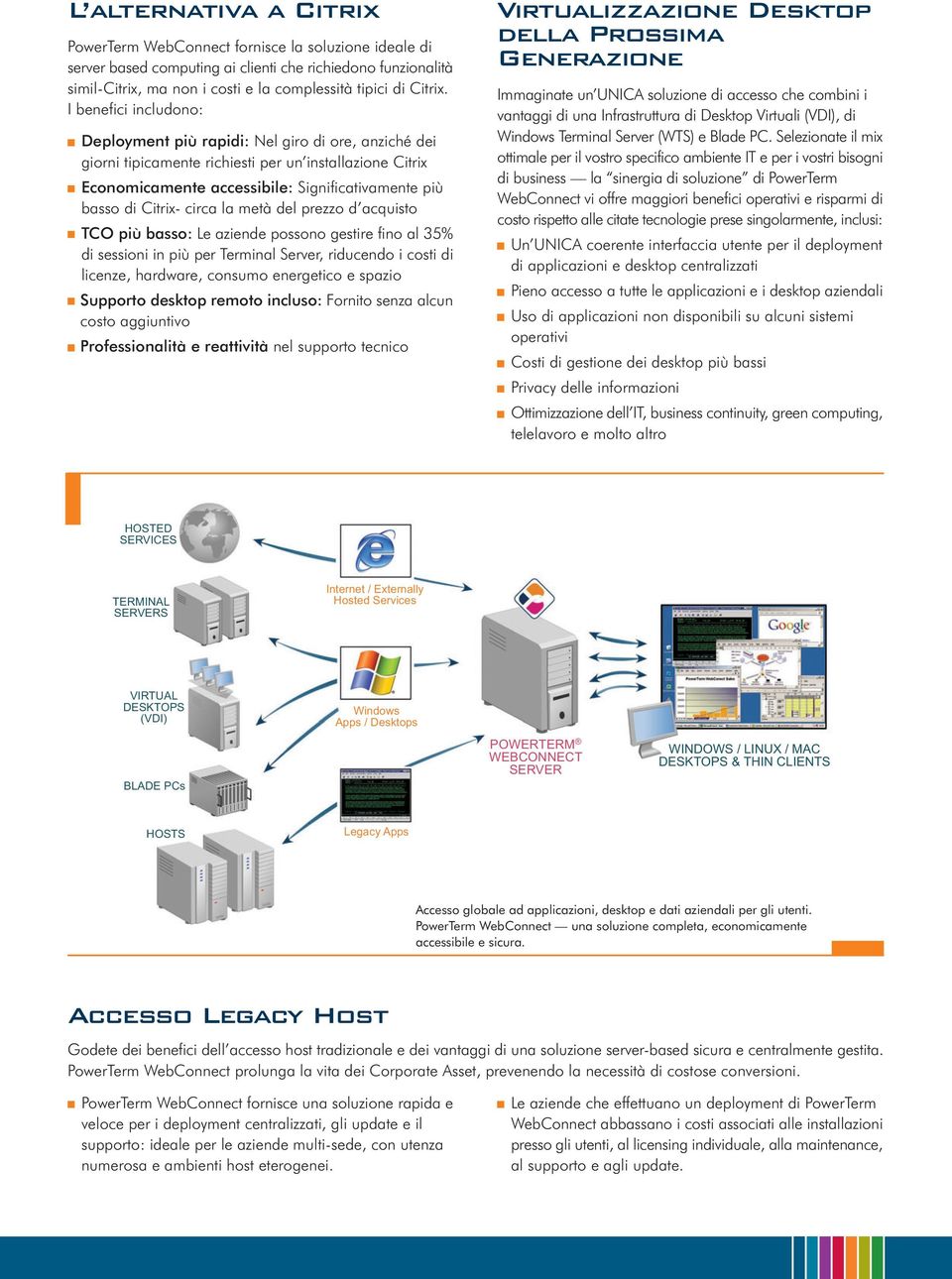 I benefici includono: Deployment più rapidi: Nel giro di ore, anziché dei giorni tipicamente richiesti per un installazione Citrix Economicamente accessibile: Significativamente più basso di Citrix-