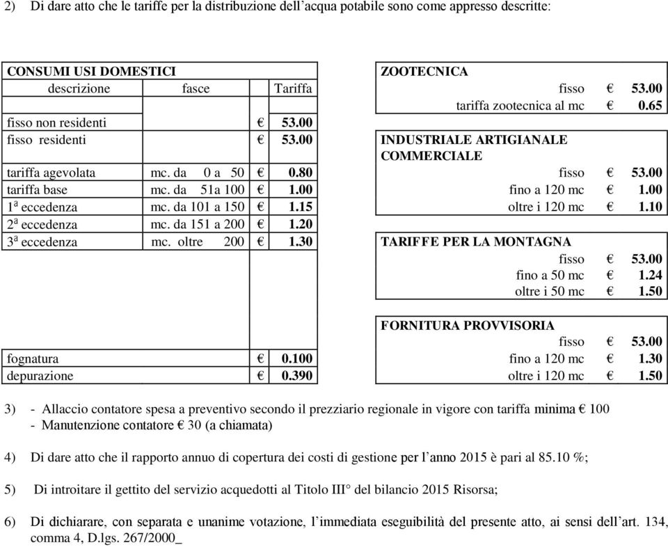 00 1ª eccedenza mc. da 101 a 150 1.15 oltre i 120 mc 1.10 2ª eccedenza mc. da 151 a 200 1.20 3ª eccedenza mc. oltre 200 1.30 TARIFFE PER LA MONTAGNA fisso 53.00 fino a 50 mc 1.24 oltre i 50 mc 1.