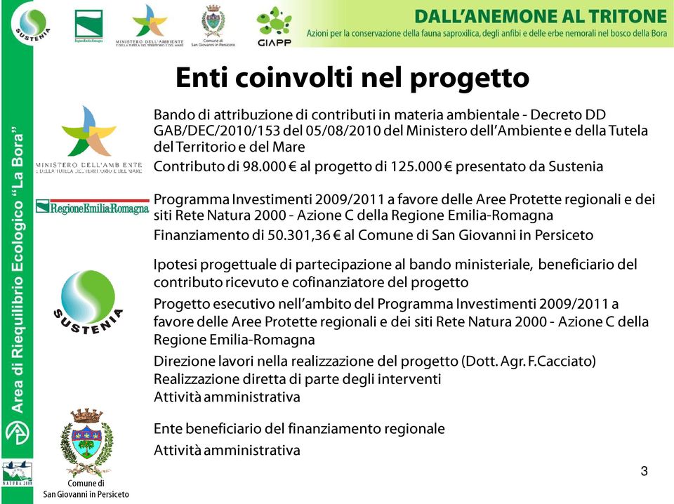 000 presentato da Sustenia Programma Investimenti 2009/2011 a favore delle Aree Protette regionali e dei siti Rete Natura 2000 - Azione C della Regione Emilia-Romagna Finanziamento di 50.