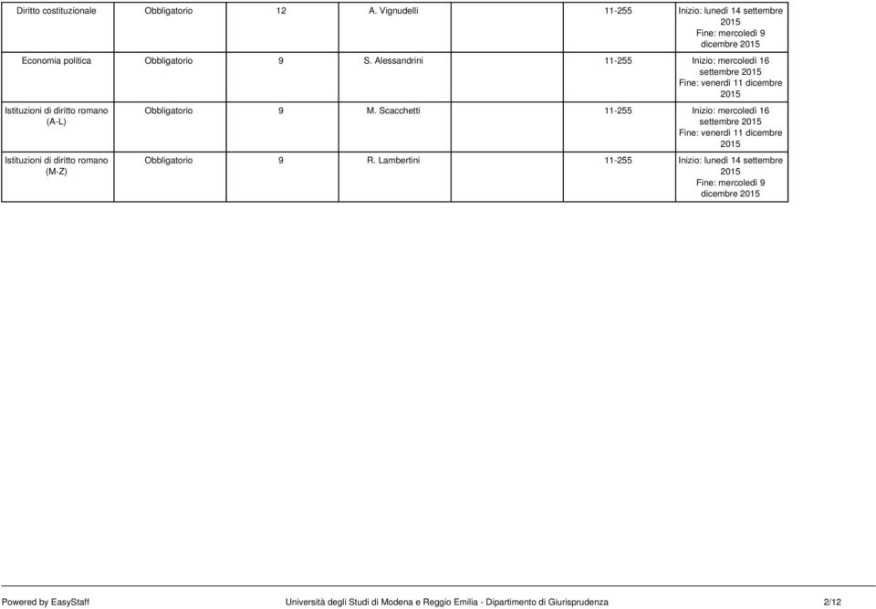 Alessandrini 11-255 Inizio: mercoledì 16 settembre Istituzioni di diritto romano (A-L) Istituzioni di diritto romano (M-Z)