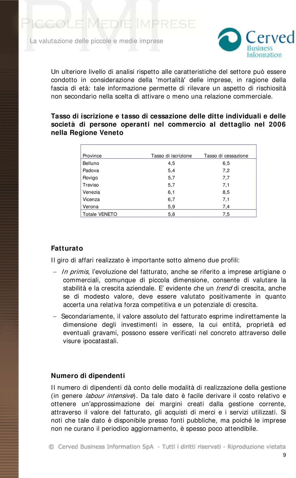 Tasso di iscrizione e tasso di cessazione delle ditte individuali e delle società di persone operanti nel commercio al dettaglio nel 2006 nella Regione Veneto Province Tasso di iscrizione Tasso di