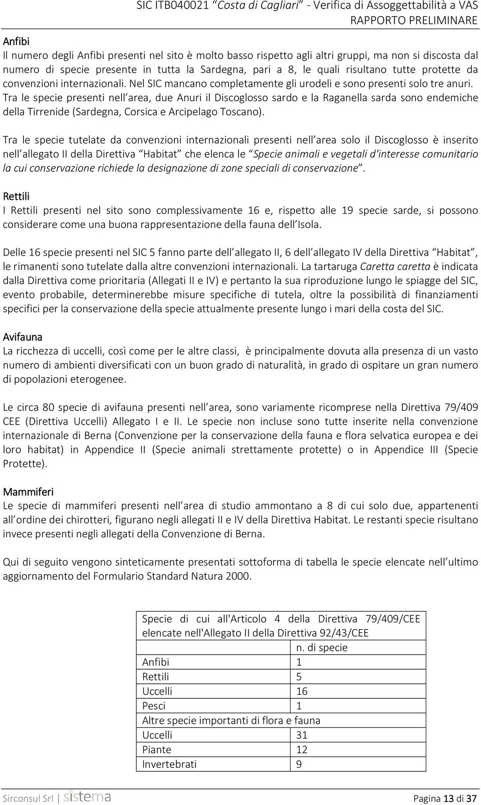 Tra le specie presenti nell area, due Anuri il Discoglosso sardo e la Raganella sarda sono endemiche della Tirrenide (Sardegna, Corsica e Arcipelago Toscano).