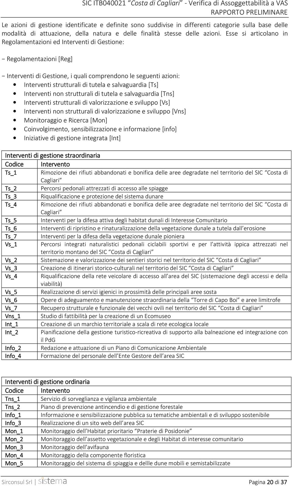 salvaguardia [Ts] Interventi non strutturali di tutela e salvaguardia [Tns] Interventi strutturali di valorizzazione e sviluppo [Vs] Interventi non strutturali di valorizzazione e sviluppo [Vns]