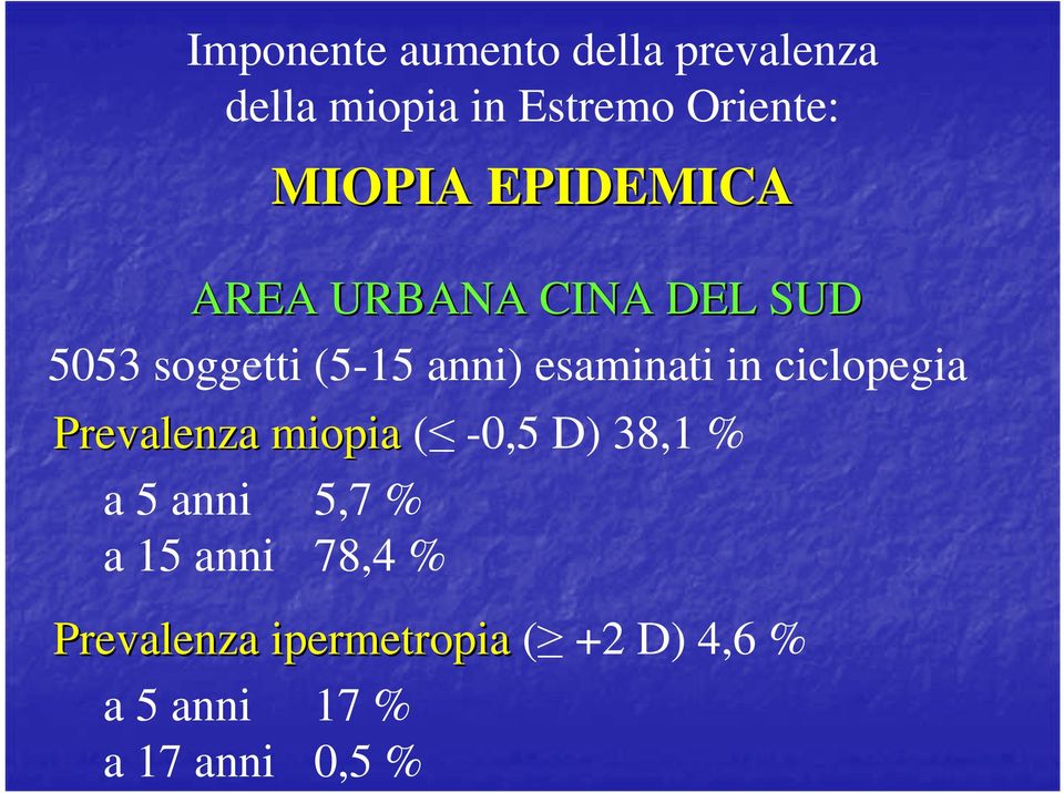 esaminati in ciclopegia Prevalenza miopia ( -0,5 D) 38,1 % a 5 anni 5,7 %