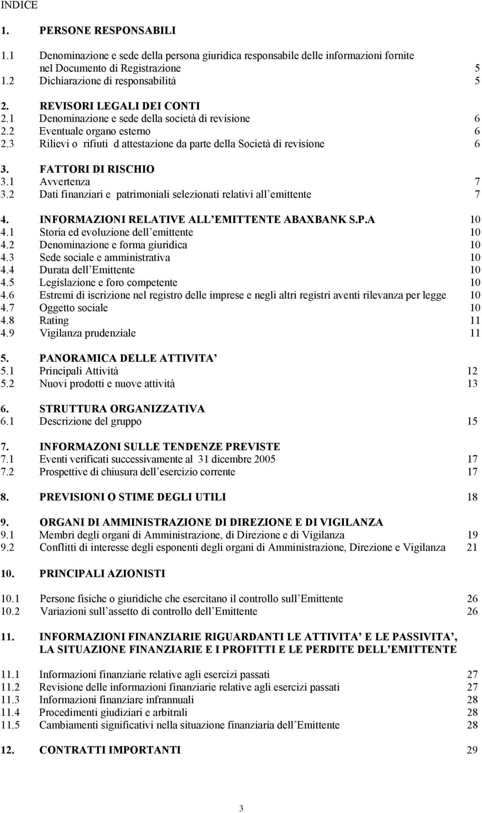 FATTORI DI RISCHIO 3.1 Avvertenza 7 3.2 Dati finanziari e patrimoniali selezionati relativi all emittente 7 4. INFORMAZIONI RELATIVE ALL EMITTENTE ABAXBANK S.P.A 10 4.