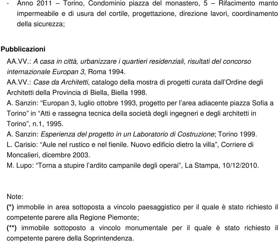 : Case da Architetti, catalogo della mostra di progetti curata dall Ordine degli Architetti della Provincia di Biella, Biella 1998. A. Sanzin: Europan 3, luglio ottobre 1993, progetto per l area adiacente piazza Sofia a Torino in Atti e rassegna tecnica della società degli ingegneri e degli architetti in Torino, n.