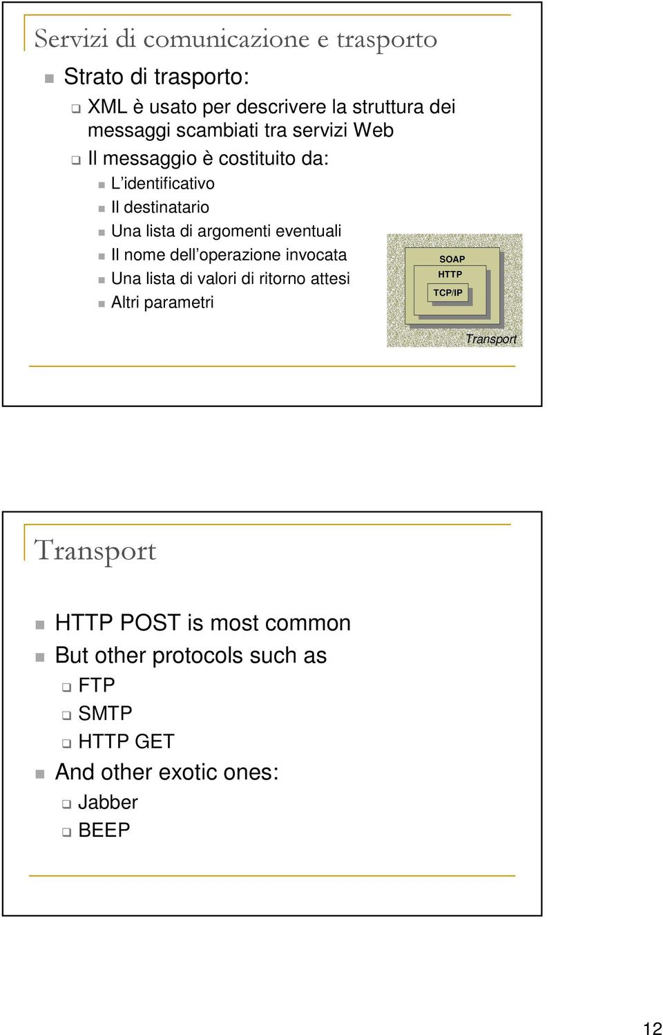 dell operazione invocata Una lista di valori di ritorno attesi Altri parametri SOAP SOAP HTTP HTTP TCP/IP TCP/IP