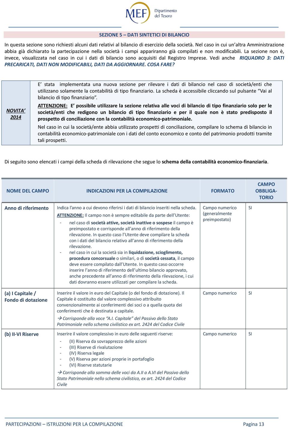 La sezione non è, invece, visualizzata nel caso in cui i dati di bilancio sono acquisiti dal Registro Imprese. Vedi anche RIQUADRO 3: DATI PRECARICATI, DATI NON MODIFICABILI, DATI DA AGGIORNARE.