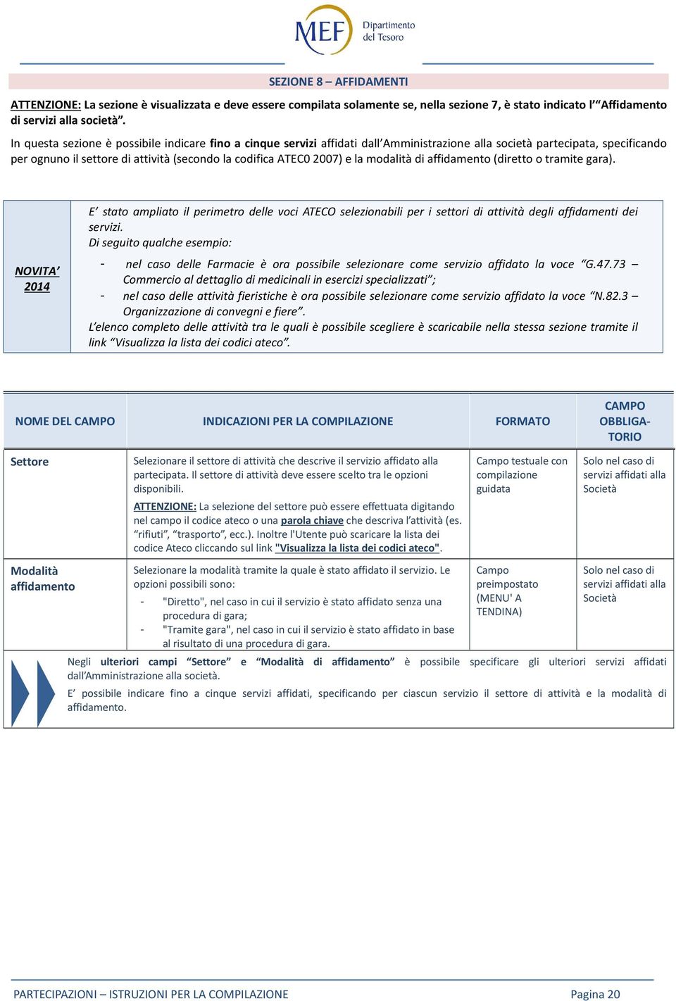 la modalità di affidamento (diretto o tramite gara). NOVITA 2014 E stato ampliato il perimetro delle voci ATECO selezionabili per i settori di attività degli affidamenti dei servizi.