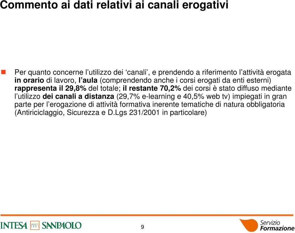 dei corsi è stato diffuso mediante l utilizzo dei canali a distanza (29,7% e-learning e 40,5% web tv) impiegati in gran parte per l