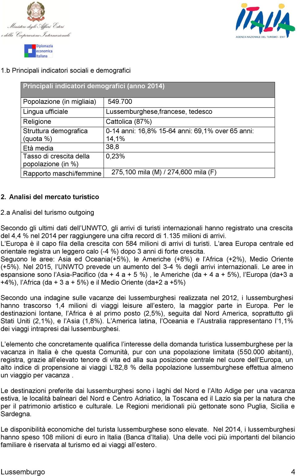 della 0,23% popolazione (in %) Rapporto maschi/femmine 275,100 mila (M) / 274,600 mila (F) 2. Analisi del mercato turistico 2.