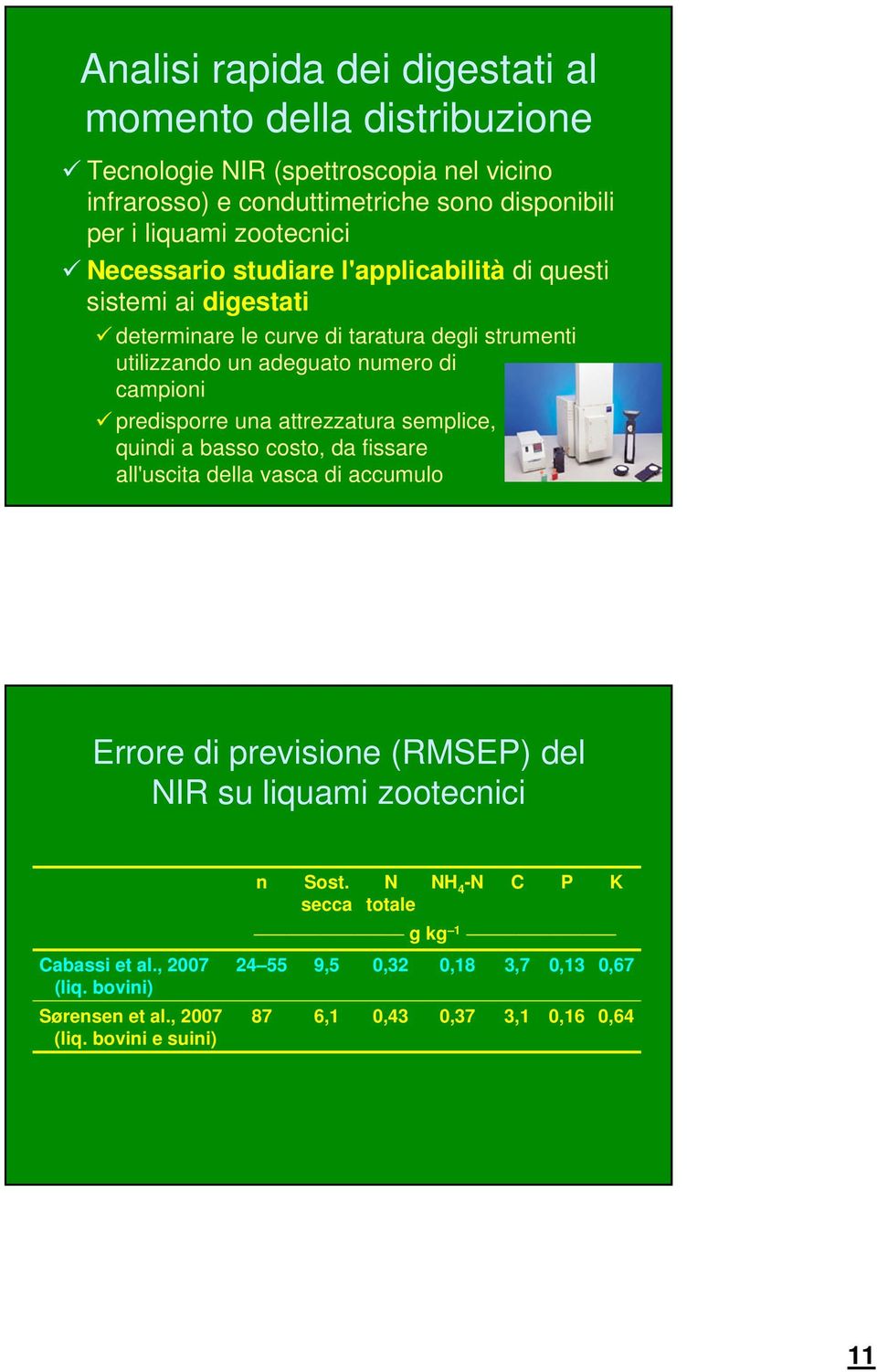 predisporre una attrezzatura semplice, quindi a basso costo, da fissare all'uscita della vasca di accumulo Errore di previsione (RMSEP) del NIR su liquami zootecnici n Sost.