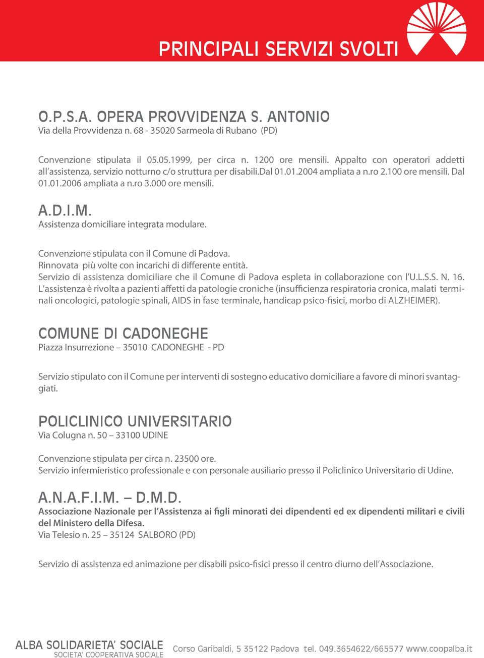 Assistenza domiciliare integrata modulare. Convenzione stipulata con il Comune di Padova. Rinnovata più volte con incarichi di differente entità.