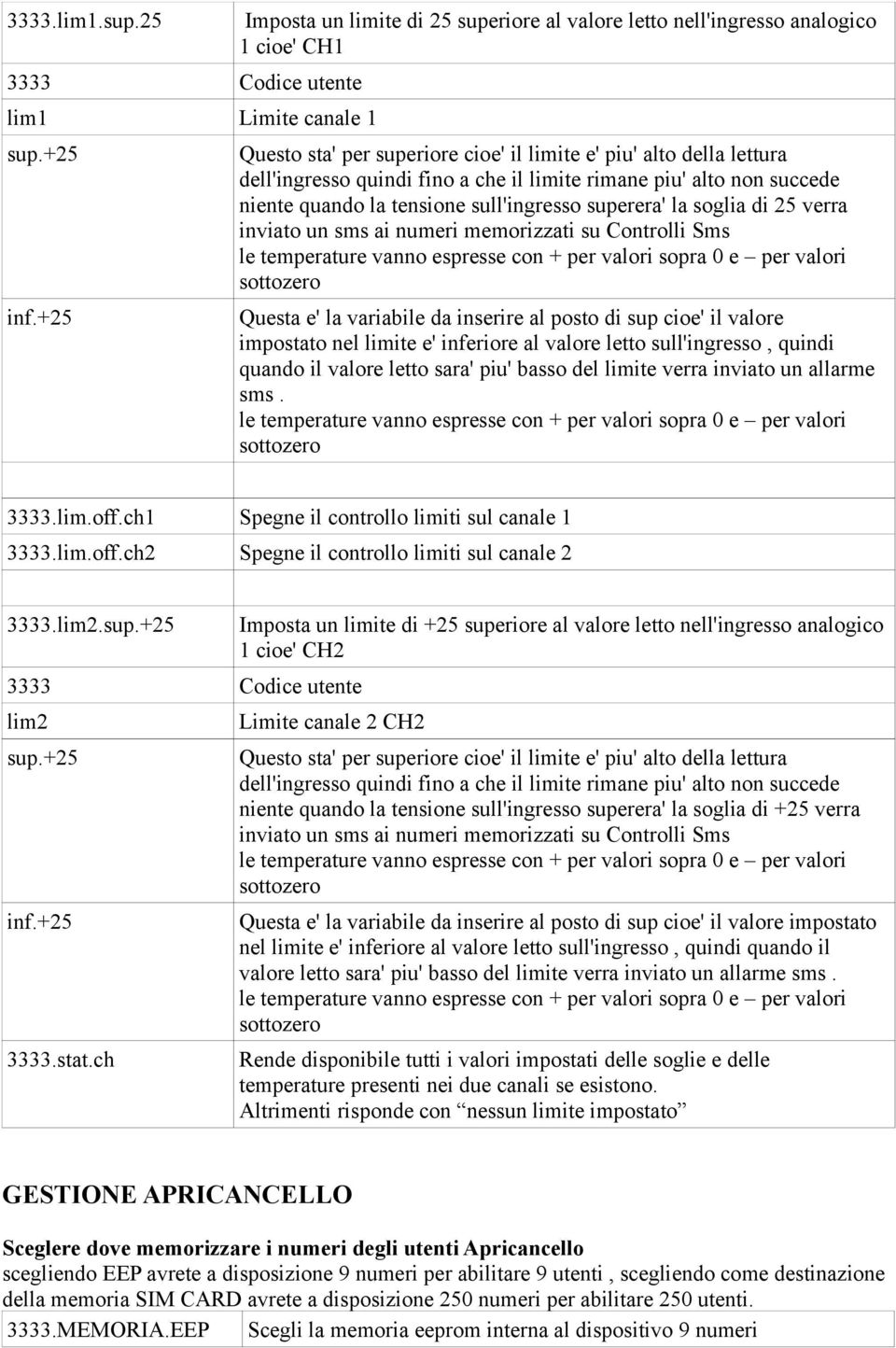 soglia di 25 verra inviato un sms ai numeri memorizzati su Controlli Sms le temperature vanno espresse con + per valori sopra 0 e per valori sottozero Questa e' la variabile da inserire al posto di