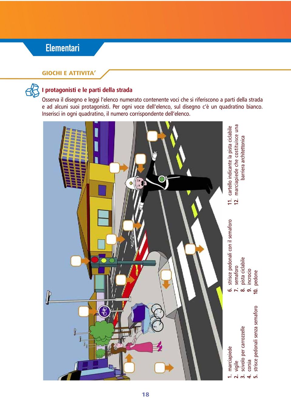 Inserisci in ogni quadratino, il numero corrispondente dell elenco. 1. marciapiede 2. vigile 3. scivolo per carrozzelle 4. corsia 5.