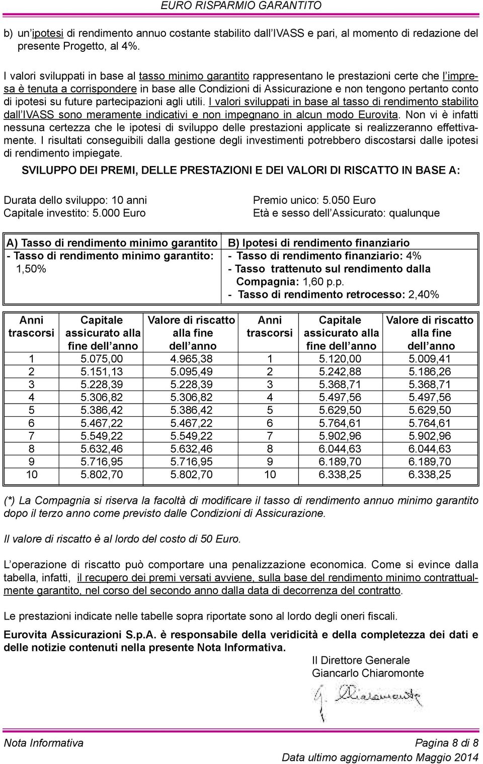 di ipotesi su future partecipazioni agli utili. I valori sviluppati in base al tasso di rendimento stabilito dall IVASS sono meramente indicativi e non impegnano in alcun modo Eurovita.