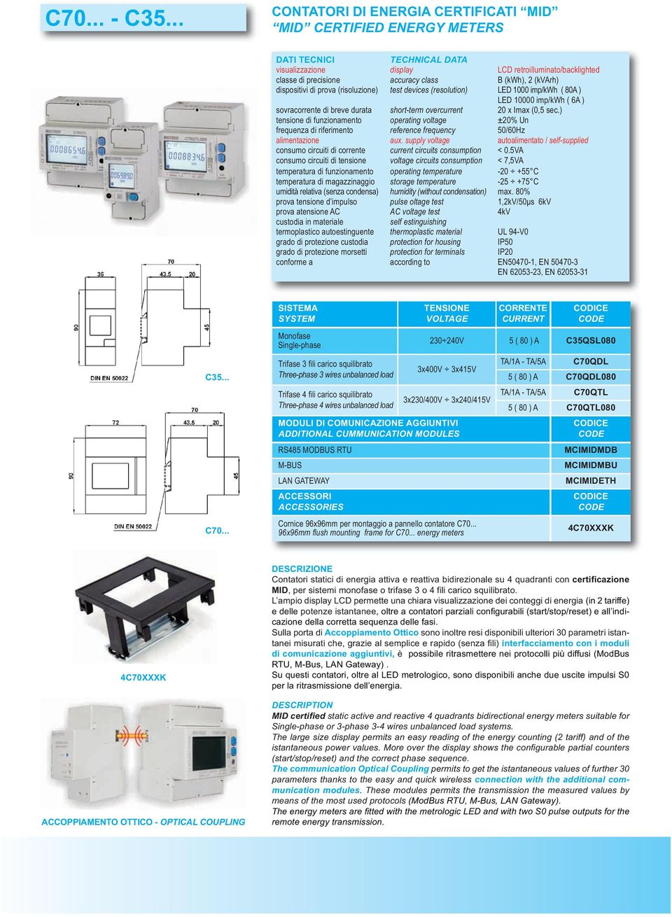 (kvarh) dispositivi di prova (risoluzione) test devices (resolution) LED 1000 imp/kwh ( 80A ) LED 10000 imp/kwh ( 6A ) sovracorrente di breve durata short-term overcurrent 20 x Imax (0,5 sec.