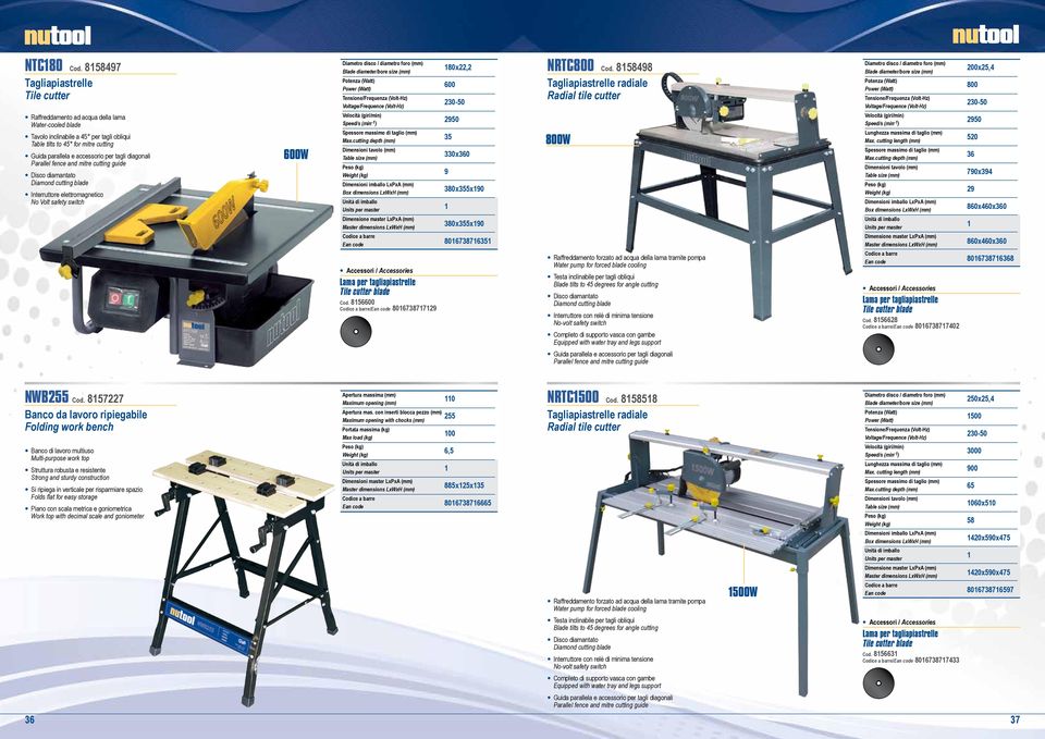 tagli diagonali Parallel fence and mitre cutting guide Disco diamantato Diamond cutting blade Interruttore elettromagnetico No Volt safety switch 00W Diametro disco / diametro foro (mm) Blade