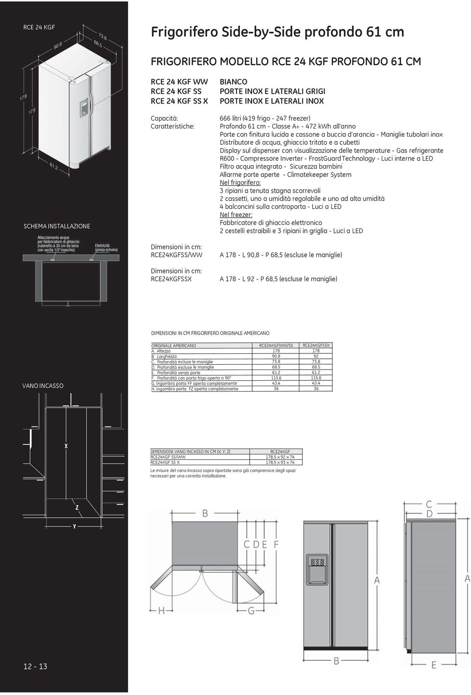 Porte con finitura lucida e cassone a buccia d arancia - Maniglie tubolari inox Distributore di acqua, ghiaccio tritato e a cubetti Display sul dispenser con visualizzazione delle temperature - Gas