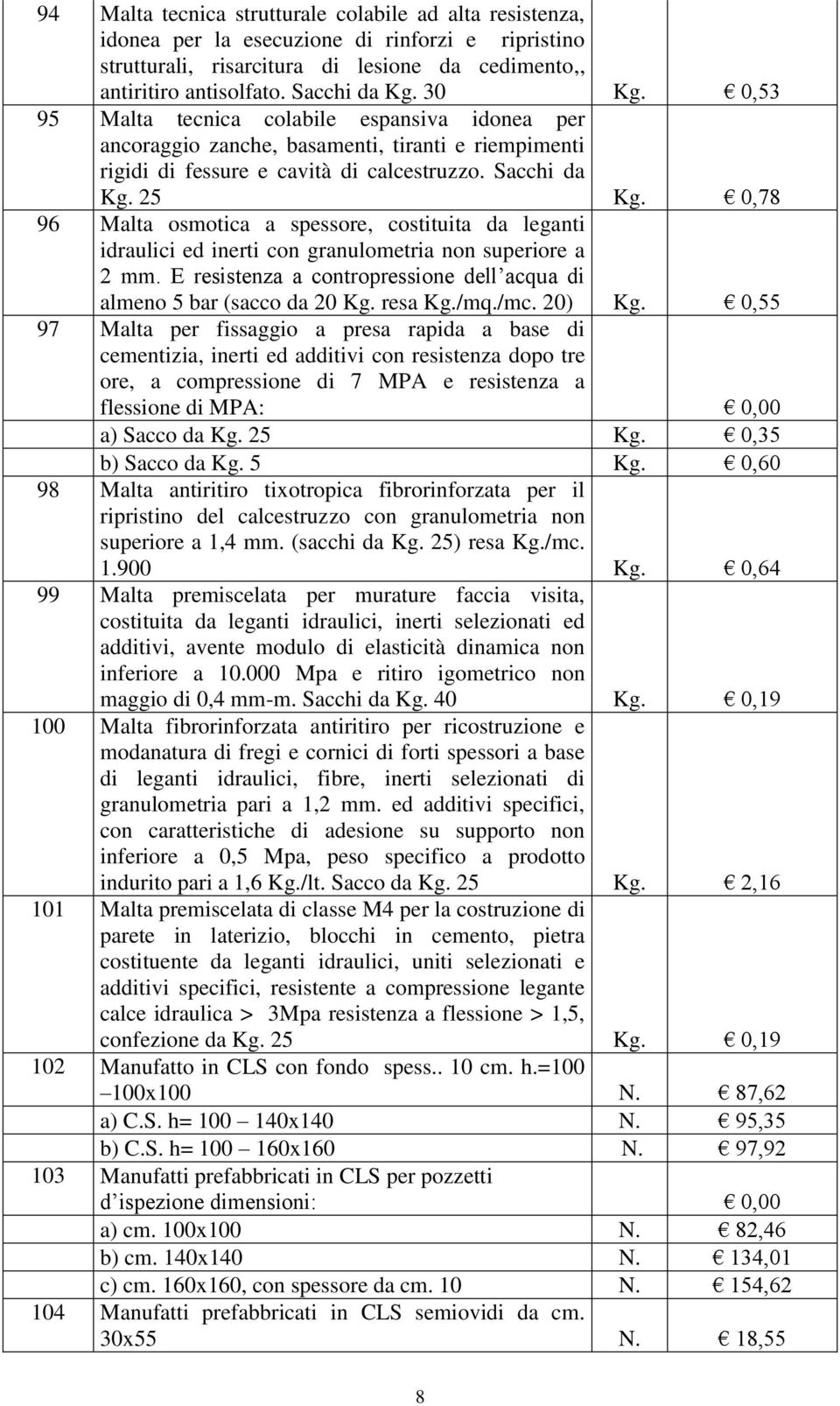 0,78 96 Malta osmotica a spessore, costituita da leganti idraulici ed inerti con granulometria non superiore a 2 mm. E resistenza a contropressione dell acqua di almeno 5 bar (sacco da 20 Kg. resa Kg.