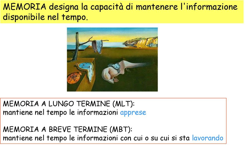 MEMORIA A LUNGO TERMINE (MLT): mantiene nel tempo le