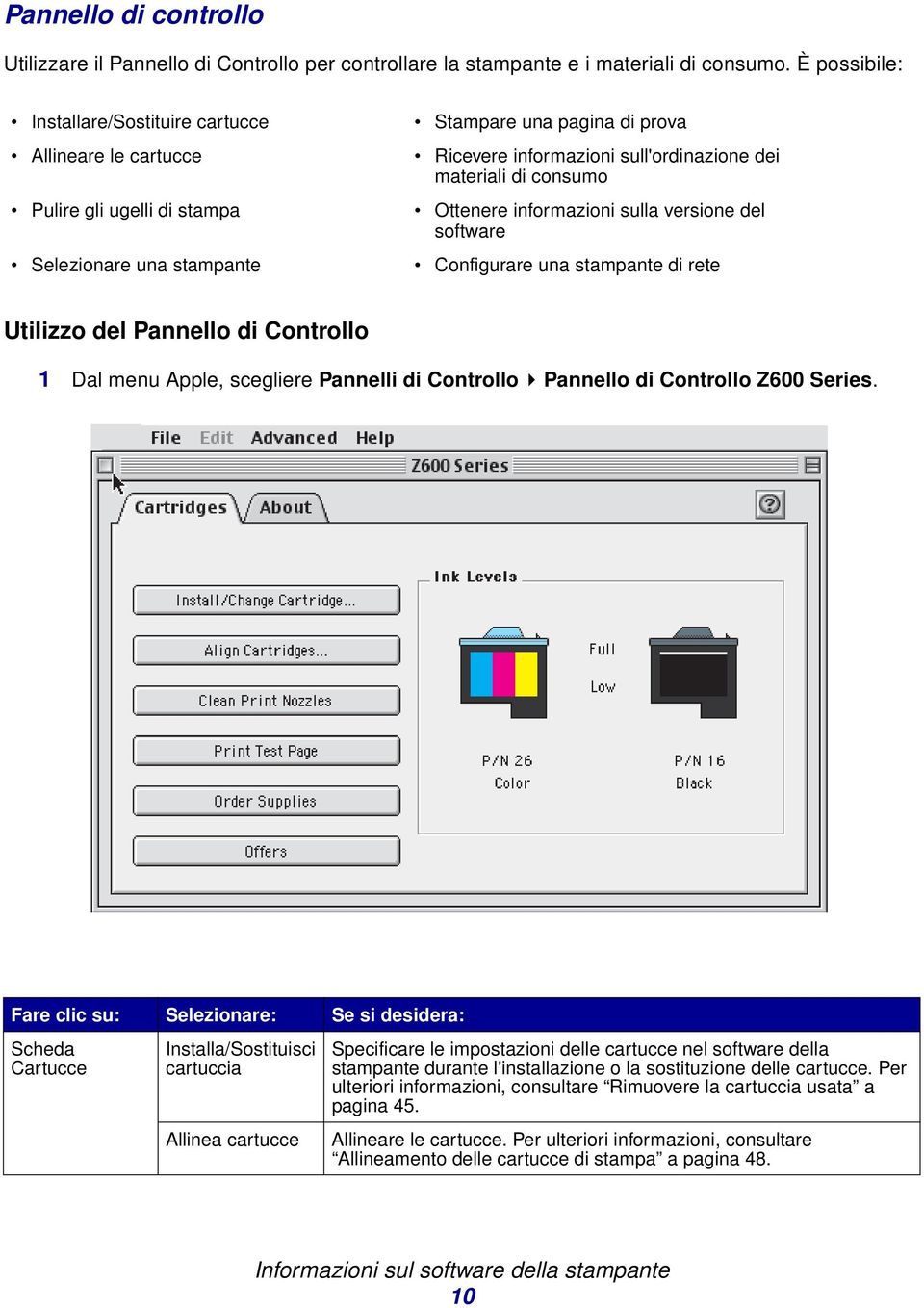 materiali di consumo Ottenere informazioni sulla versione del software Configurare una stampante di rete Utilizzo del Pannello di Controllo 1 Dal menu Apple, scegliere Pannelli di Controllo Pannello