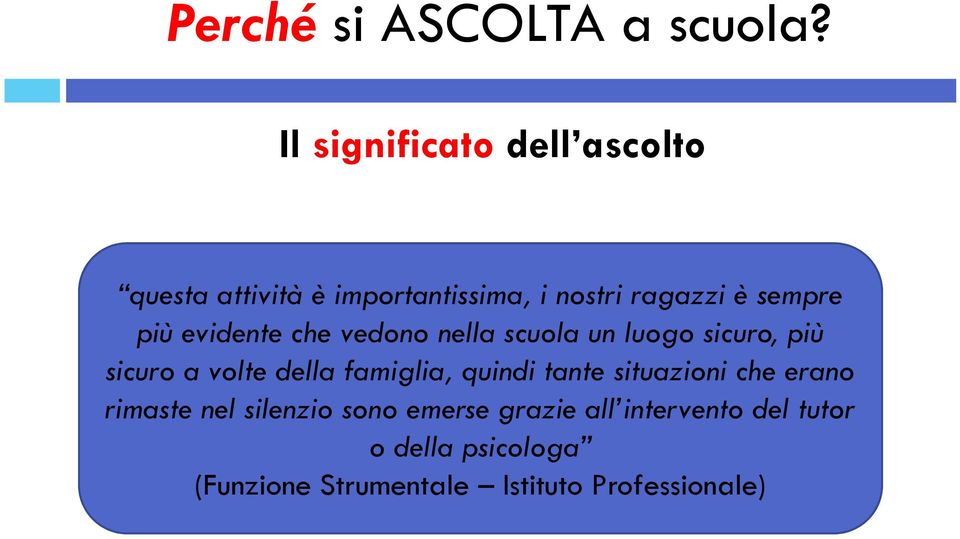 fuori più evidente che vedono nella scuola un luogo sicuro, più Unica opportunità di essere ascoltati sicuro a volte della famiglia, quindi tante