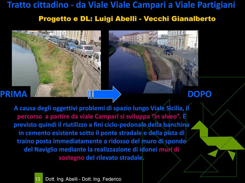 È previsto quindi il riutilizzo a fini ciclo-pedonale della banchina in cemento esistente sotto il ponte stradale e della pista di