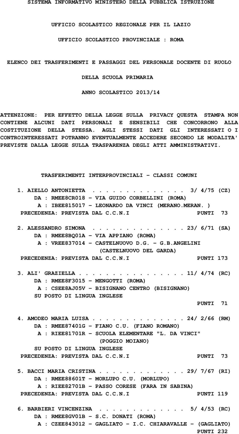 DELLA STESSA. AGLI STESSI DATI GLI INTERESSATI O I CONTROINTERESSATI POTRANNO EVENTUALMENTE ACCEDERE SECONDO LE MODALITA' PREVISTE DALLA LEGGE SULLA TRASPARENZA DEGLI ATTI AMMINISTRATIVI.