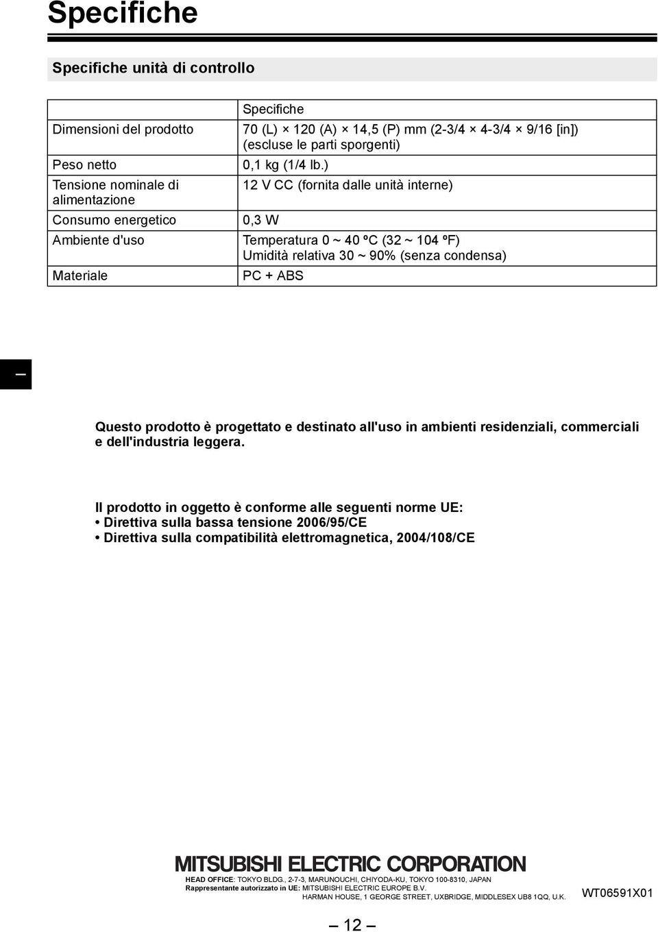 ) 12 V CC (fornita dalle unità interne) 0,3 W Temperatura 0 ~ 40 ºC (32 ~ 104 ºF) Umidità relativa 30 ~ 90% (senza condensa) PC + ABS Questo prodotto è progettato e destinato all'uso in ambienti