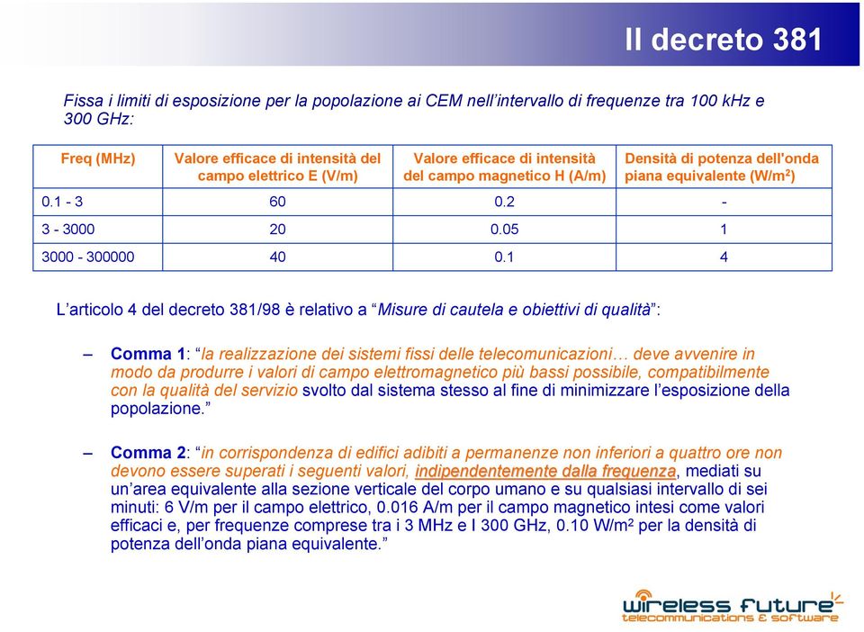 1 4 L articolo 4 del decreto 381/98 è relativo a Misure di cautela e obiettivi di qualità : Comma 1: la realizzazione dei sistemi fissi delle telecomunicazioni deve avvenire in modo da produrre i