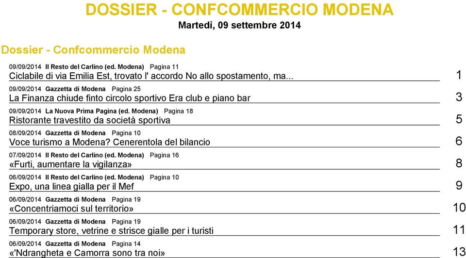 Modena) Pagina 18 Ristorante travestito da società sportiva 5 08/09/2014 Pagina 10 Voce turismo a Modena? Cenerentola del bilancio 6 07/09/2014 Il Resto del Carlino (ed.