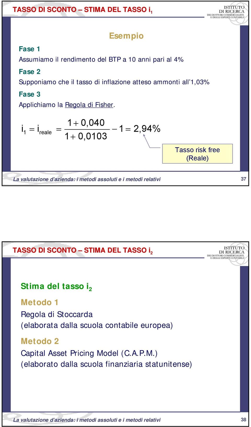 1 0,040 1 reale 1 1 0,0103 2,94% Tasso rsk free (Reale) 37 La valutazone d azenda: metod assolut e metod relatv 37 TASSO DI SCONTO STIMA DEL